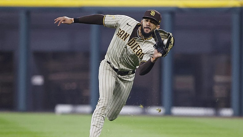 Sep 29, 2023; Chicago, Illinois, USA; San Diego Padres right fielder Fernando Tatis Jr. (23) catches a pop up ball hit by Chicago White Sox shortstop Tim Anderson during the ninth inning at Guaranteed Rate Field. Mandatory Credit: Kamil Krzaczynski-USA TODAY Sports