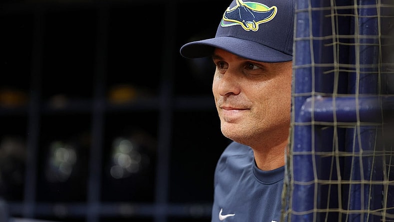 Oct 3, 2023; St. Petersburg, Florida, USA; Tampa Bay Rays manager Kevin Cash (16) looks on against the Texas Rangers in the first inning during game one of the Wildcard series for the 2023 MLB playoffs at Tropicana Field. Mandatory Credit: Kim Klement Neitzel-USA TODAY Sports