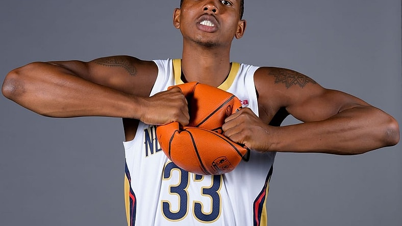 Oct 2, 2023; New Orleans, LA, USA; New Orleans Pelicans guard Malcolm Hill (33) poses during Media Day at the Smoothie King Center. Mandatory Credit: Matthew Hinton-USA TODAY Sports