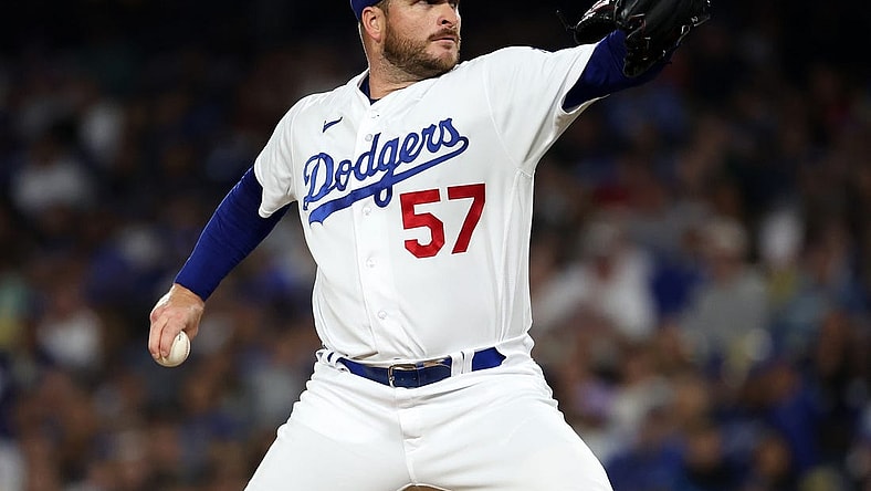 Oct 9, 2023; Los Angeles, California, USA; Los Angeles Dodgers relief pitcher Ryan Brasier (57) throws a pitch against the Arizona Diamondbacks in the fourth inning for game two of the NLDS for the 2023 MLB playoffs at Dodger Stadium. Mandatory Credit: Kiyoshi Mio-USA TODAY Sports