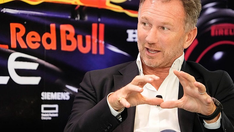 Christian Horner, Team Principal of Oracle Red Bull Racing, speaks at the Red Bull Fan Zone, a private event at Oracle headquarters, on Wednesday October 18, 2023.