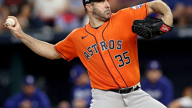 Oct 20, 2023; Arlington, Texas, USA; Houston Astros pitcher Justin Verlander (35) throws during the fifth inning of game five in the ALCS against the Texas Rangers for the 2023 MLB playoffs at Globe Life Field. Mandatory Credit: Andrew Dieb-USA TODAY Sports
