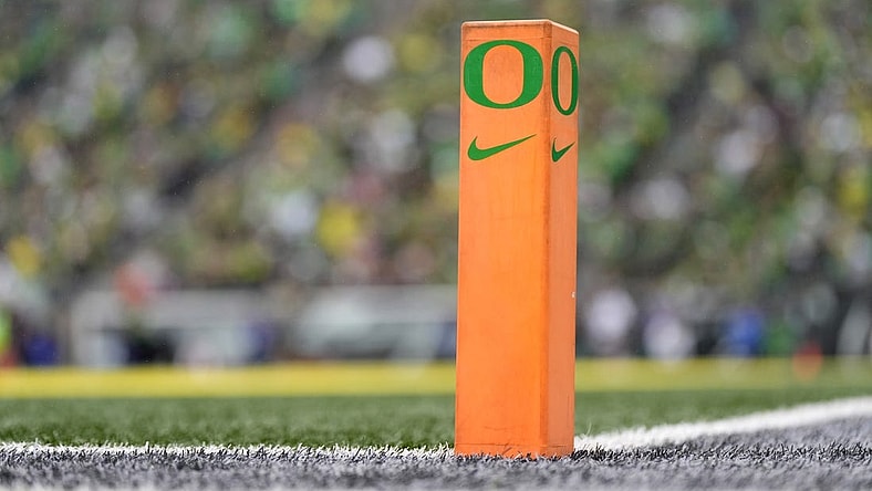 Oct 21, 2023; Eugene, Oregon, USA; A general view of an end zone pylon during the second half between the Oregon Ducks and the Washington State Cougars at Autzen Stadium. Mandatory Credit: Soobum Im-USA TODAY Sports