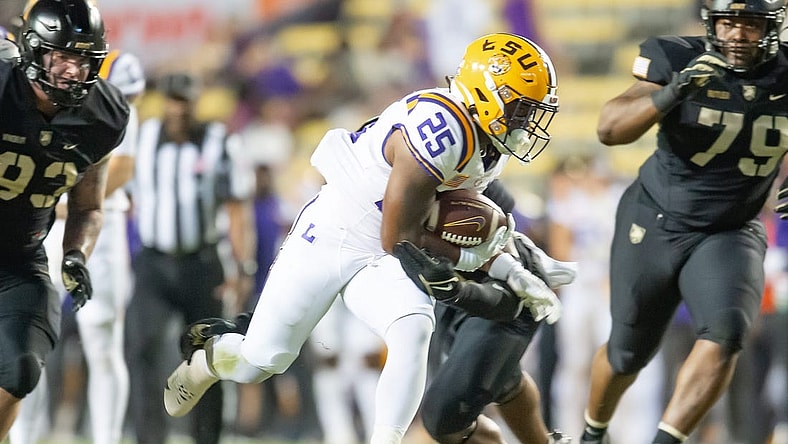 Trey Holly (25) runs the ball as the LSU Tigers take on the the Army Black Knights in Tiger Stadium in Baton Rouge, Louisiana, October. 21, 2023.