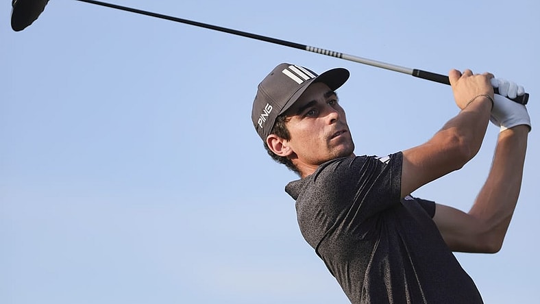 Oct 22, 2023; Doral, Florida, USA; Joaquin Niemann plays his shot from the 17th tee during the final round of the LIV Golf Miami golf tournament at Trump National Doral. Mandatory Credit: Sam Navarro-USA TODAY Sports