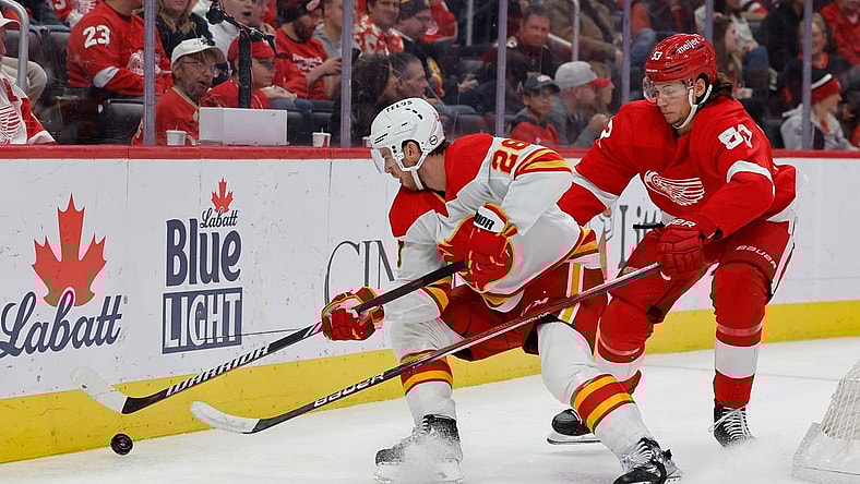 Oct 22, 2023; Detroit, Michigan, USA;  Calgary Flames center Elias Lindholm (28) and Detroit Red Wings defenseman Moritz Seider (53) battle for the puck in the third period at Little Caesars Arena. Mandatory Credit: Rick Osentoski-USA TODAY Sports