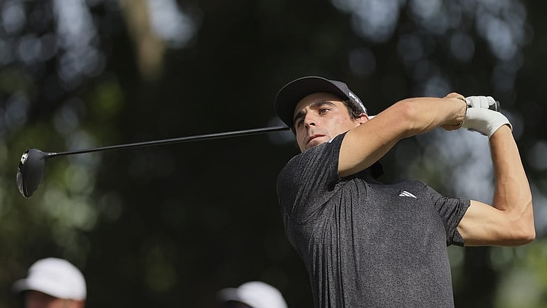 Oct 22, 2023; Doral, Florida, USA; Joaquin Niemann plays his shot from the seventh tee during the final round of the LIV Golf Miami golf tournament at Trump National Doral. Mandatory Credit: Sam Navarro-USA TODAY Sports