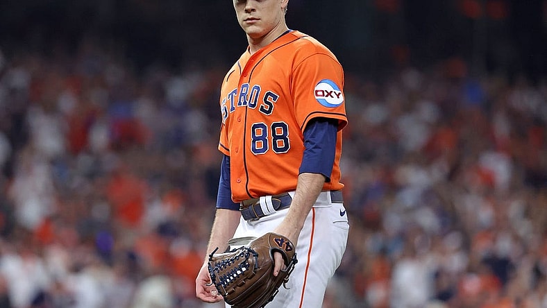 Oct 22, 2023; Houston, Texas, USA; Houston Astros relief pitcher Phil Maton (88) in the sixth inning during game six of the ALCS for the 2023 MLB playoffs against the Texas Rangers at Minute Maid Park. Mandatory Credit: Troy Taormina-USA TODAY Sports