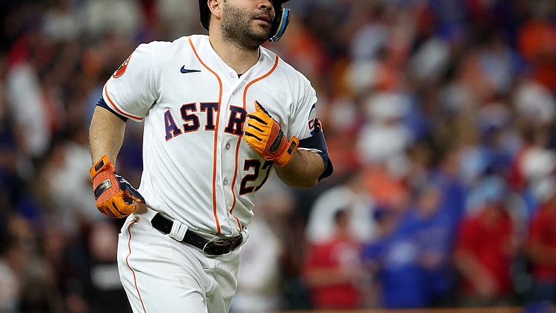 Oct 23, 2023; Houston, Texas, USA; Houston Astros second baseman Jose Altuve (27) rounds the bases after hitting a home run during the ninth inning of game seven in the ALCS against the Texas Rangers for the 2023 MLB playoffs at Minute Maid Park. Mandatory Credit: Thomas Shea-USA TODAY Sports