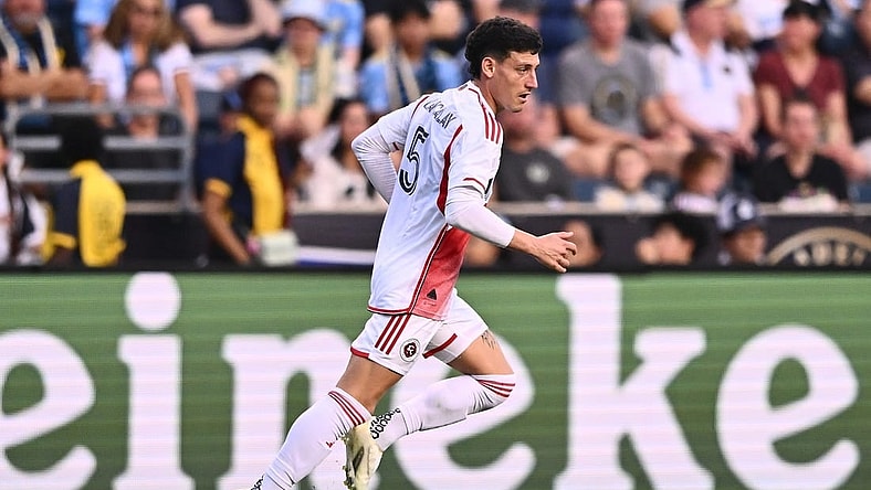 Oct 28, 2023; Philadelphia, PA, USA; New England Revolution forward Tomas Chancalay (5) controls the ball against the Philadelphia Union during the first half in game one in a round one match of the 2023 MLS Cup Playoffs at Subaru Park. Mandatory Credit: Kyle Ross-USA TODAY Sports