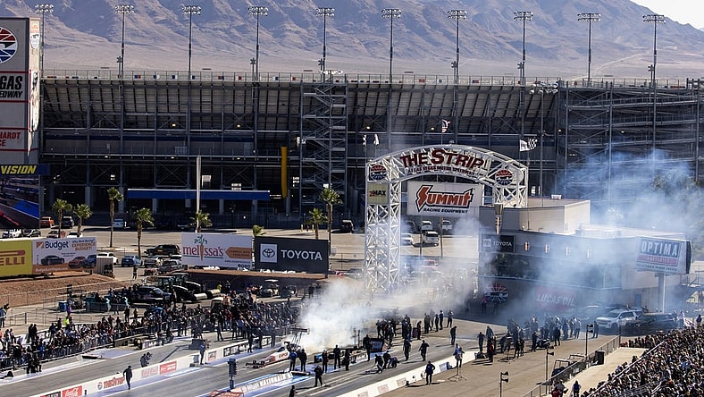 Oct 29, 2023; Las Vegas, NV, USA; Overall view of The Strip at Las Vegas Motor Speedway as NHRA top fuel driver Steve Torrence does a burnout during the Nevada Nationals. Mandatory Credit: Mark J. Rebilas-USA TODAY Sports
