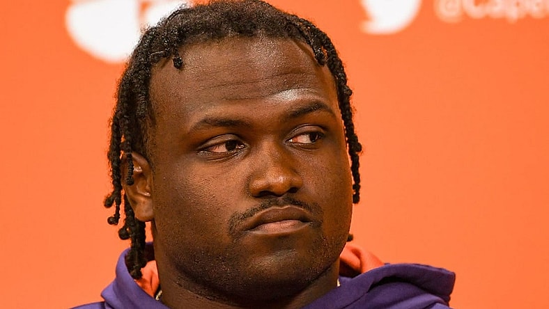 Clemson defensive lineman DeMonte Capehart speaks in the Smart Family Media Center before the first open practice at the Poe Indoor Facility in Clemson, S.C. Monday, October 30, 2023.