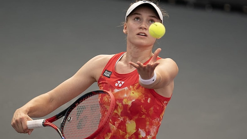 Nov 3, 2023; Cancun, Mexico;  Elena Rybakina (KAZ) tosses the ball to serve during her match against Aryna Sabalenka on day six of the GNP Saguaros WTA Finals Cancun. Mandatory Credit: Susan Mullane-USA TODAY Sports
