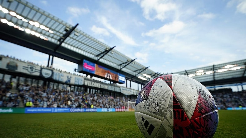 Nov 5, 2023; Kansas City, KS, USA; General view of a game ball before the match between Sporting Kansas City and St. Louis City SC of game two in a round one match of the 2023 MLS Cup Playoffs at Children's Mercy Park. Mandatory Credit: Jay Biggerstaff-USA TODAY Sports