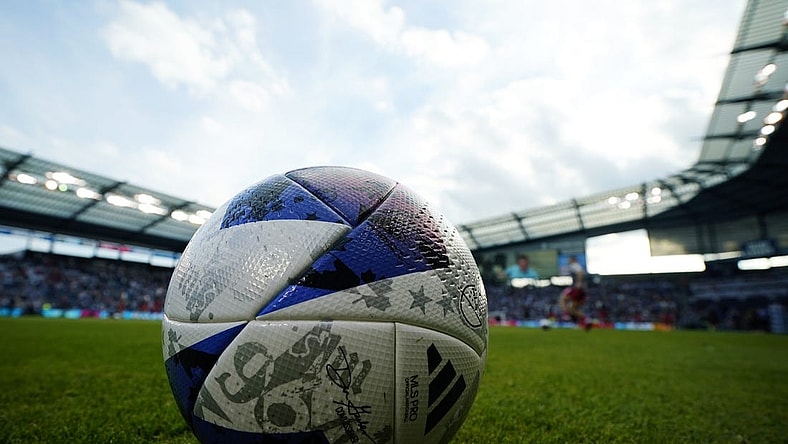Nov 5, 2023; Kansas City, KS, USA; General view of a game ball before the match between Sporting Kansas City and St. Louis City SC of game two in a round one match of the 2023 MLS Cup Playoffs at Children's Mercy Park. Mandatory Credit: Jay Biggerstaff-USA TODAY Sports