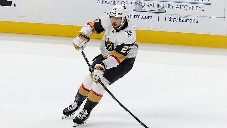 Nov 5, 2023; Anaheim, California, USA; Vegas Golden Knights defenseman Shea Theodore (27) passes during the third period against the Anaheim Ducks at Honda Center. Mandatory Credit: Jason Parkhurst-USA TODAY Sports
