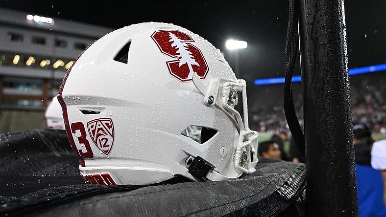 Nov 4, 2023; Pullman, Washington, USA; Stanford Cardinal helmet sits against the Washington State Cougars in the first half at Gesa Field at Martin Stadium. Mandatory Credit: James Snook-USA TODAY Sports