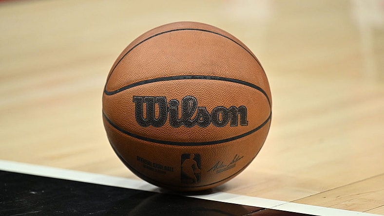 Nov 8, 2023; Chicago, Illinois, USA;  A general view of a basketball on floor during an NBA game between the Phoenix Suns and the Chicago Bulls at United Center. Mandatory Credit: Jamie Sabau-USA TODAY Sports