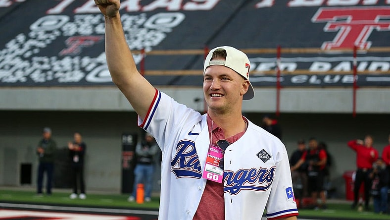 Nov 18, 2023; Lubbock, Texas, USA;  Texas Rangers and Texas Tech Red Raiders alumnus Josh Jung is introduced in the second half during the game against the Central Florida Knights at Jones AT&T Stadium and Cody Campbell Field. Mandatory Credit: Michael C. Johnson-USA TODAY Sports