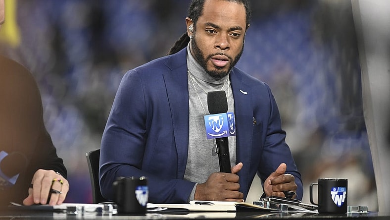 Nov 16, 2023; Baltimore, Maryland, USA;  Richard Sherman, Thursday Night Football analyst, on set before the game between the Baltimore Ravens and the Cincinnati Bengals at M&T Bank Stadium. Mandatory Credit: Tommy Gilligan-USA TODAY Sports