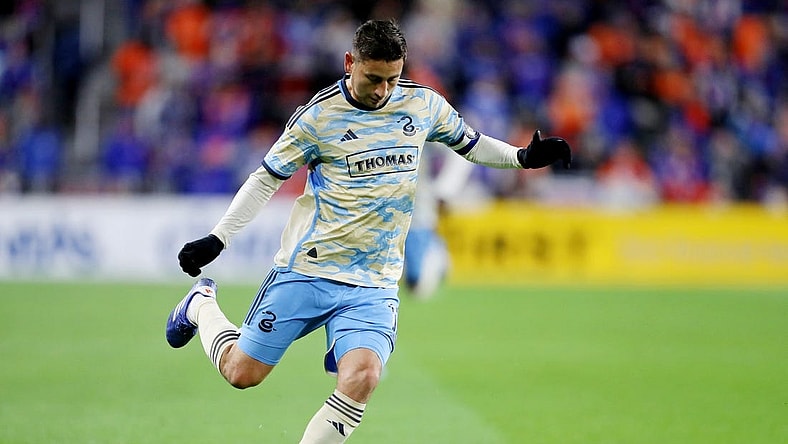Nov 25, 2023; Cincinnati, Ohio, USA; Philadelphia Union midfielder Alejandro Bedoya (11) kicks the ball against FC Cincinnati during the first half in a MLS Cup Eastern Conference Semifinal match at TQL Stadium. Mandatory Credit: Joseph Maiorana-USA TODAY Sports