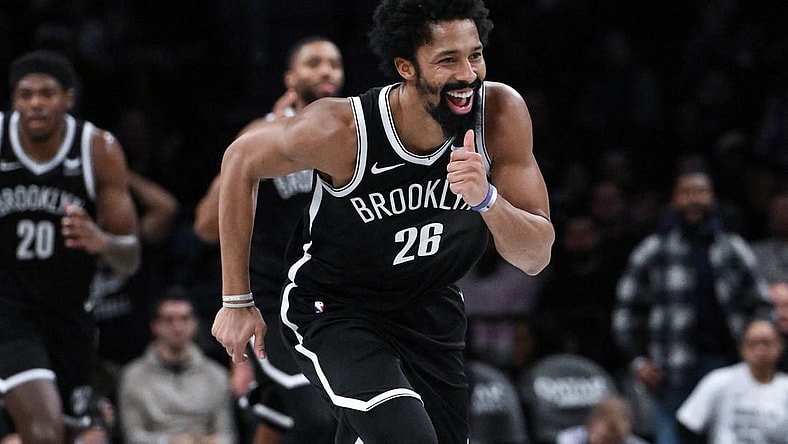 Nov 26, 2023; Brooklyn, New York, USA; Brooklyn Nets guard Spencer Dinwiddie (26) reacts after scoring a basket against the Chicago Bulls during the fourth quarter at Barclays Center. Mandatory Credit: John Jones-USA TODAY Sports