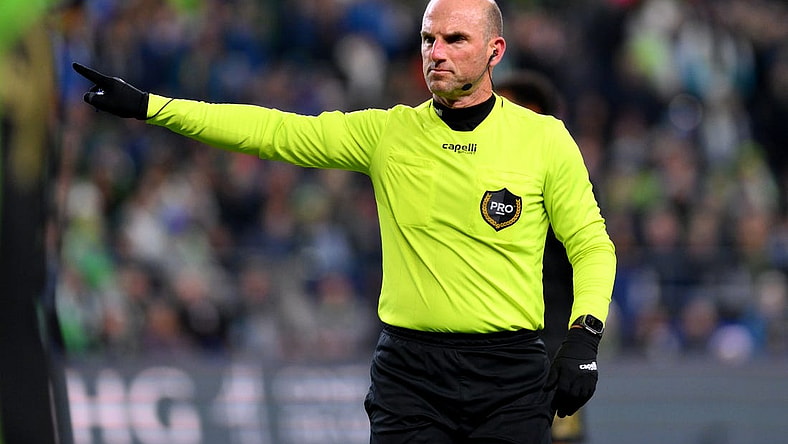 Nov 26, 2023; Seattle, Washington, USA; MLS referee Ted Unkel during the second half of a MLS Cup Western Conference Semifinal match between the Seattle Sounders and Los Angeles FC at Lumen Field. Mandatory Credit: Steven Bisig-USA TODAY Sports