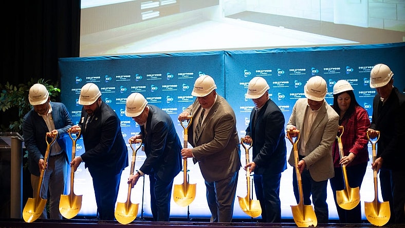 Nov 28, 2023; Columbus, Ohio, USA; PENN Entertainment, who owns Hollywood Casino Columbus, hosts a groundbreaking ceremony for a new hotel at Hollywood Casino. The hotel, with an estimated budget of approximately $100 million, will be attached to the existing property and will add hundreds of construction jobs and approximately 100 new permanent jobs upon opening. The hotel is expected to include 180 rooms, meeting space, an additional restaurant, and local partnerships and amenities