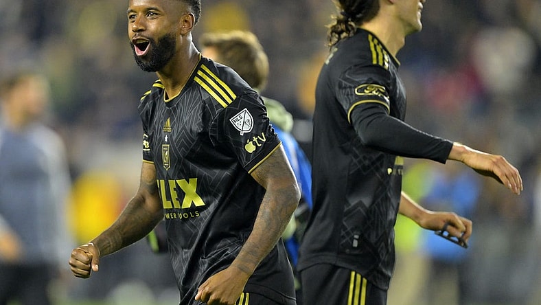 Dec 2, 2023; Los Angeles, California, USA; Los Angeles FC midfielder Kellyn Acosta (23) reacts after defeating the Houston Dynamo for the MLS Cup Western Conference Final at BMO Stadium. Mandatory Credit: Jayne Kamin-Oncea-USA TODAY Sports