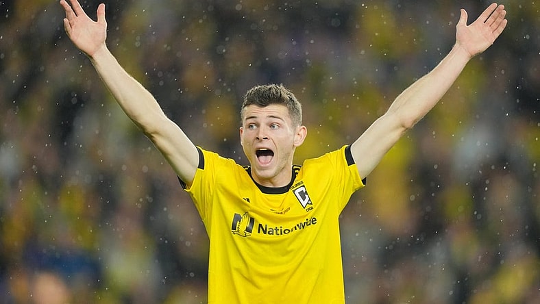 Dec 9, 2023; Columbus, OH, USA; Columbus Crew midfielder Sean Zawadzki (25) celebrates after winning the 2023 MLS Cup championship game against Los Angeles FC at Lower.com Field. Mandatory Credit: Aaron Doster-USA TODAY Sports
