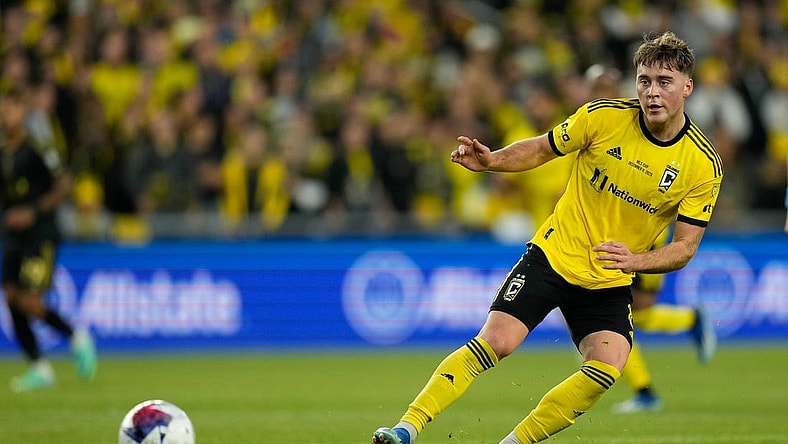 Dec 9, 2023; Columbus, OH, USA; Columbus Crew midfielder Aidan Morris (8) makes a pass during the MLS Cup final against Los Angeles FC at Lower.com Field.