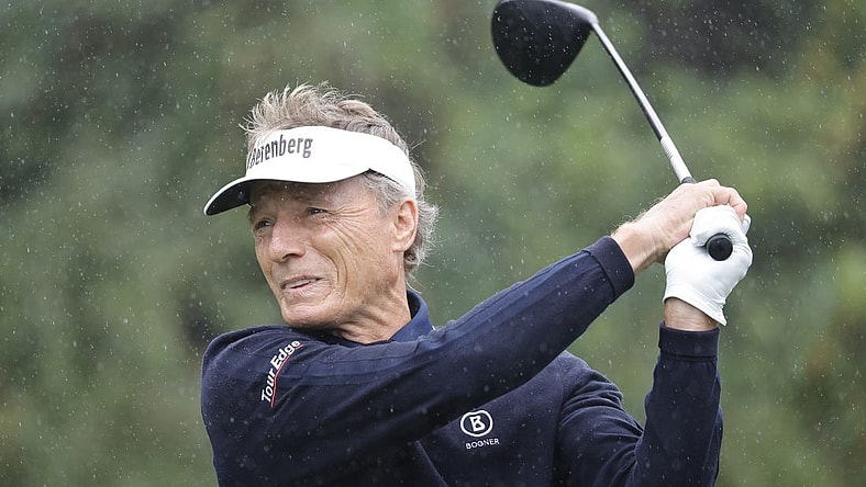 Dec 17, 2023; Orlando, Florida, USA;  Bernhard Langer plays his shot from the first tee during the PNC Championship at The Ritz-Carlton Golf Club. Mandatory Credit: Reinhold Matay-USA TODAY Sports