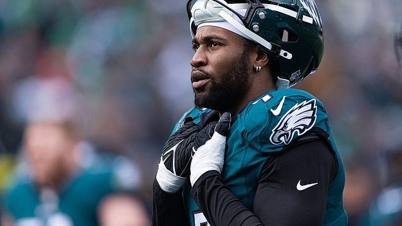 Dec 31, 2023; Philadelphia, Pennsylvania, USA; Philadelphia Eagles linebacker Haason Reddick (7) looks on during the second quarter against the Arizona Cardinals at Lincoln Financial Field. Mandatory Credit: Bill Streicher-USA TODAY Sports