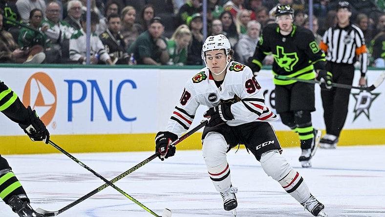 Dec 31, 2023; Dallas, Texas, USA; Chicago Blackhawks center Connor Bedard (98) in action during the game between the Dallas Stars and the Chicago Blackhawks at the American Airlines Center. Mandatory Credit: Jerome Miron-USA TODAY Sports