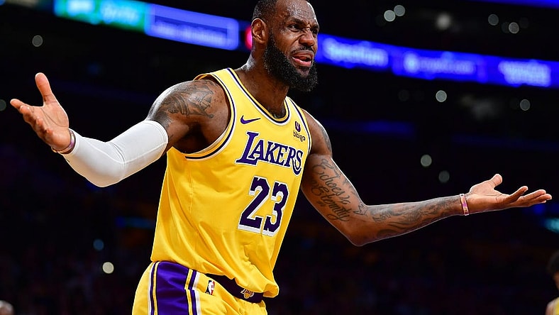 Jan 3, 2024; Los Angeles, California, USA; Los Angeles Lakers forward LeBron James (23) reacts to a call against him during the first half at Crypto.com Arena. Mandatory Credit: Gary A. Vasquez-USA TODAY Sports