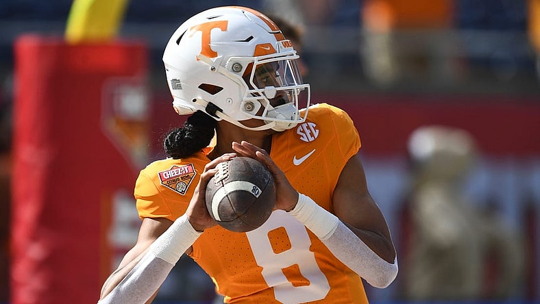 Tennessee quarterback Nico Iamaleava (8) warming up for the Citrus Bowl NCAA College football game on Monday, January 1, 2024 in Orlando, Fla.