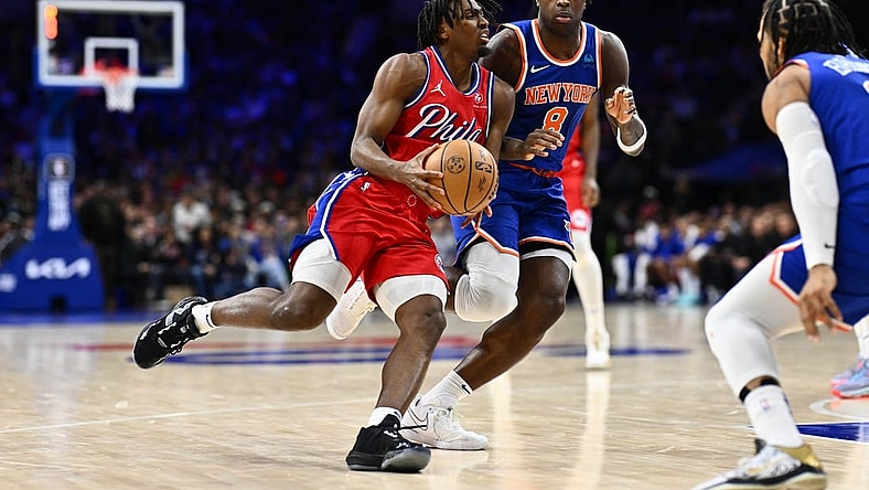Jan 5, 2024; Philadelphia, Pennsylvania, USA; Philadelphia 76ers guard Tyrese Maxey (0) drives against New York Knicks forward OG Anunoby (8) in the fourth quarter at Wells Fargo Center. Mandatory Credit: Kyle Ross-USA TODAY Sports