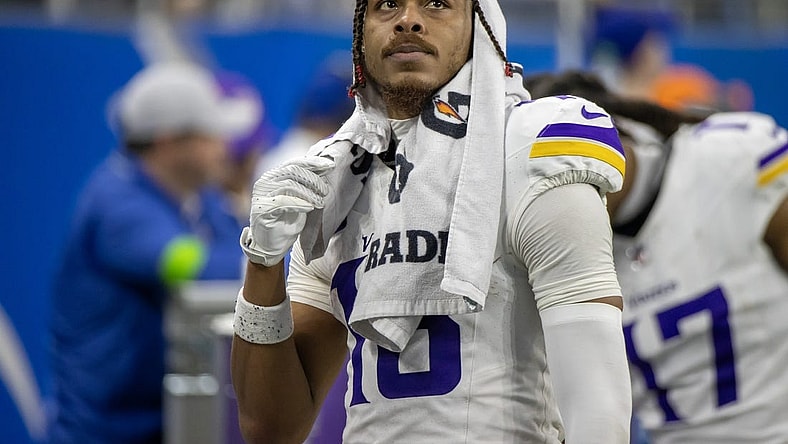 Jan 7, 2024; Detroit, Michigan, USA; Minnesota Vikings wide receiver Justin Jefferson (18) looks at the big screen during second half of the game against the Detroit Lions at Ford Field. Mandatory Credit: David Reginek-USA TODAY Sports