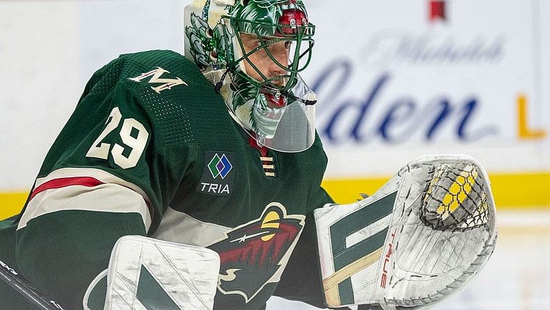 Jan 8, 2024; Saint Paul, Minnesota, USA; Minnesota Wild goaltender Marc-Andre Fleury (29) in action against the Dallas Stars in the third period at Xcel Energy Center. Mandatory Credit: Matt Blewett-USA TODAY Sports