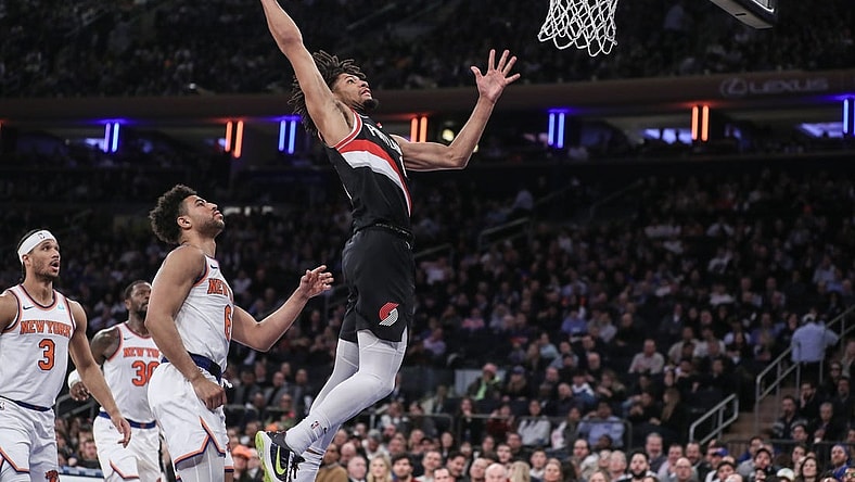 Jan 9, 2024; New York, New York, USA; Portland Trail Blazers guard Shaedon Sharpe (17) goes up for a dunk in the second quarter against the New York Knicks at Madison Square Garden. Mandatory Credit: Wendell Cruz-USA TODAY Sports
