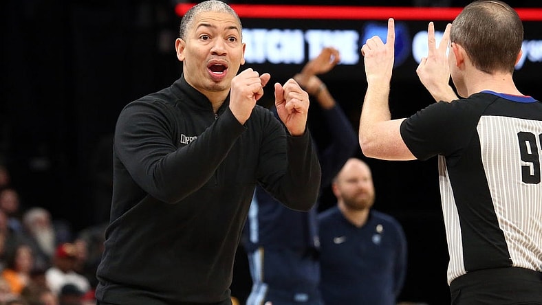 Jan 12, 2024; Memphis, Tennessee, USA; Los Angeles Clippers head coach Tyronn Lue reacts after a foul call during the second half against the Memphis Grizzlies  at FedExForum. Mandatory Credit: Petre Thomas-USA TODAY Sports