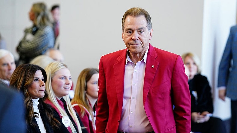 Jan 13, 2024; Tuscaloosa, AL, USA; University of Alabama former head coach Nick Saban attends a press conference to introduce the new head football coach Kalen DeBoer (not pictured) in the North end zone at Bryant-Denny Stadium. Mandatory Credit: John David Mercer-USA TODAY Sports