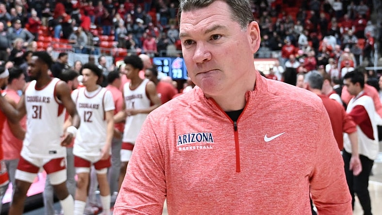 Jan 13, 2024; Pullman, Washington, USA; Arizona Wildcats head coach Tommy Lloyd walks off the court after a game against the Washington State Cougars at Friel Court at Beasley Coliseum. Mandatory Credit: James Snook-USA TODAY Sports