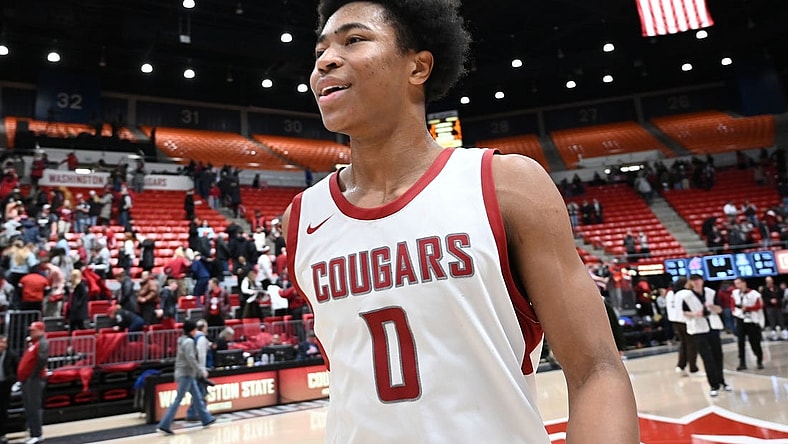 Jan 13, 2024; Pullman, Washington, USA; Washington State Cougars forward Jaylen Wells (0) celebrates after a game against the Arizona Wildcats at Friel Court at Beasley Coliseum. Mandatory Credit: James Snook-USA TODAY Sports