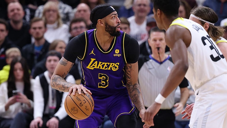 Jan 13, 2024; Salt Lake City, Utah, USA; Los Angeles Lakers forward Anthony Davis (3) looks to shoot against the Utah Jazz during the third quarter at Delta Center. Mandatory Credit: Rob Gray-USA TODAY Sports