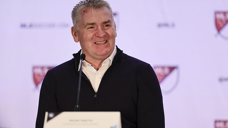 Jan 11, 2024; Miami, FL, USA; Charlotte FC head coach Dean Smith speaks during MLS Media Day at Miami Beach Convention Center. Mandatory Credit: Sam Navarro-USA TODAY Sports