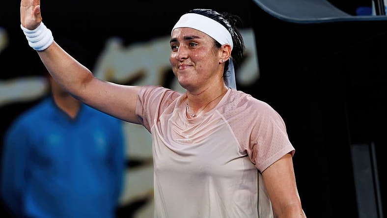 Jan 15, 2024; Melbourne, Victoria, Australia; Ons Jabeur of Tunisia celebrates her victory over Yulia Starodubtseva of Ukraine In the first round of the women   s singles at the Australian Open tennis.Mandatory Credit: Mike Frey-USA TODAY Sports