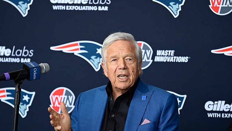 Jan 17, 2024; Foxborough, MA, USA; New England Patriots owner Robert Kraft addresses media at a press conference announcing the hiring of Jerod Mayo as the team's new head coach at Gillette Stadium. Mandatory Credit: Eric Canha-USA TODAY Sports
