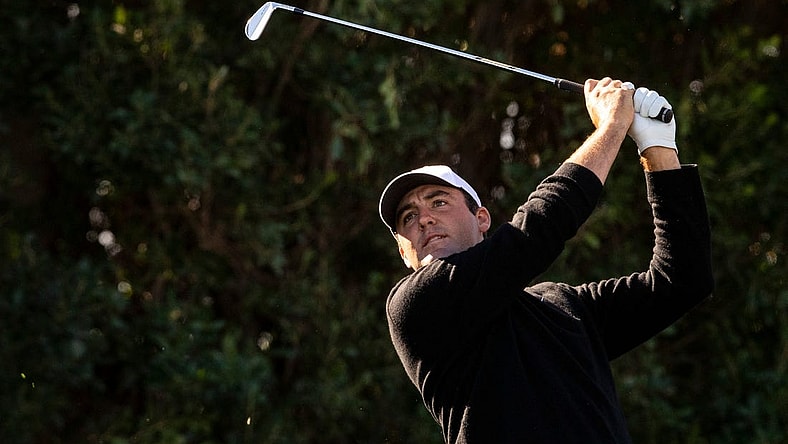 Scottie Scheffler tees off on hole three during Round 1 of The American Express at La Quinta Country Club in La Quinta, Calif., Thursday, Jan. 18, 2024.