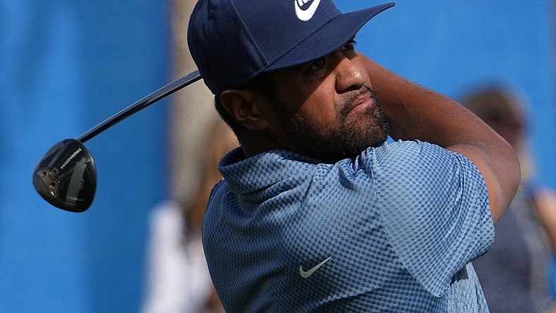 Jan 19, 2024; La Quinta, California, USA; Tony Finau hits his tee shot on the tenth hole during the second round of the The American Express golf tournament at PGA West Dye Stadium Cours. Mandatory Credit: Ray Acevedo-USA TODAY Sports